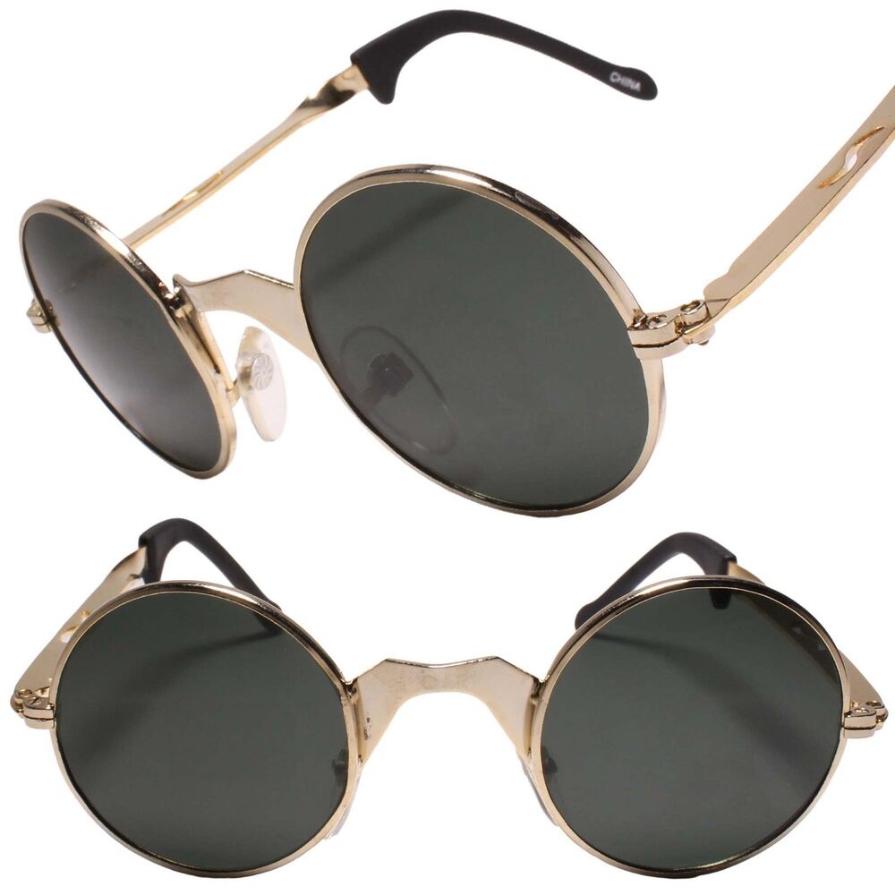 Genuine Vintage 80s Mens Womens Gold Frame Small Round Sunglasses